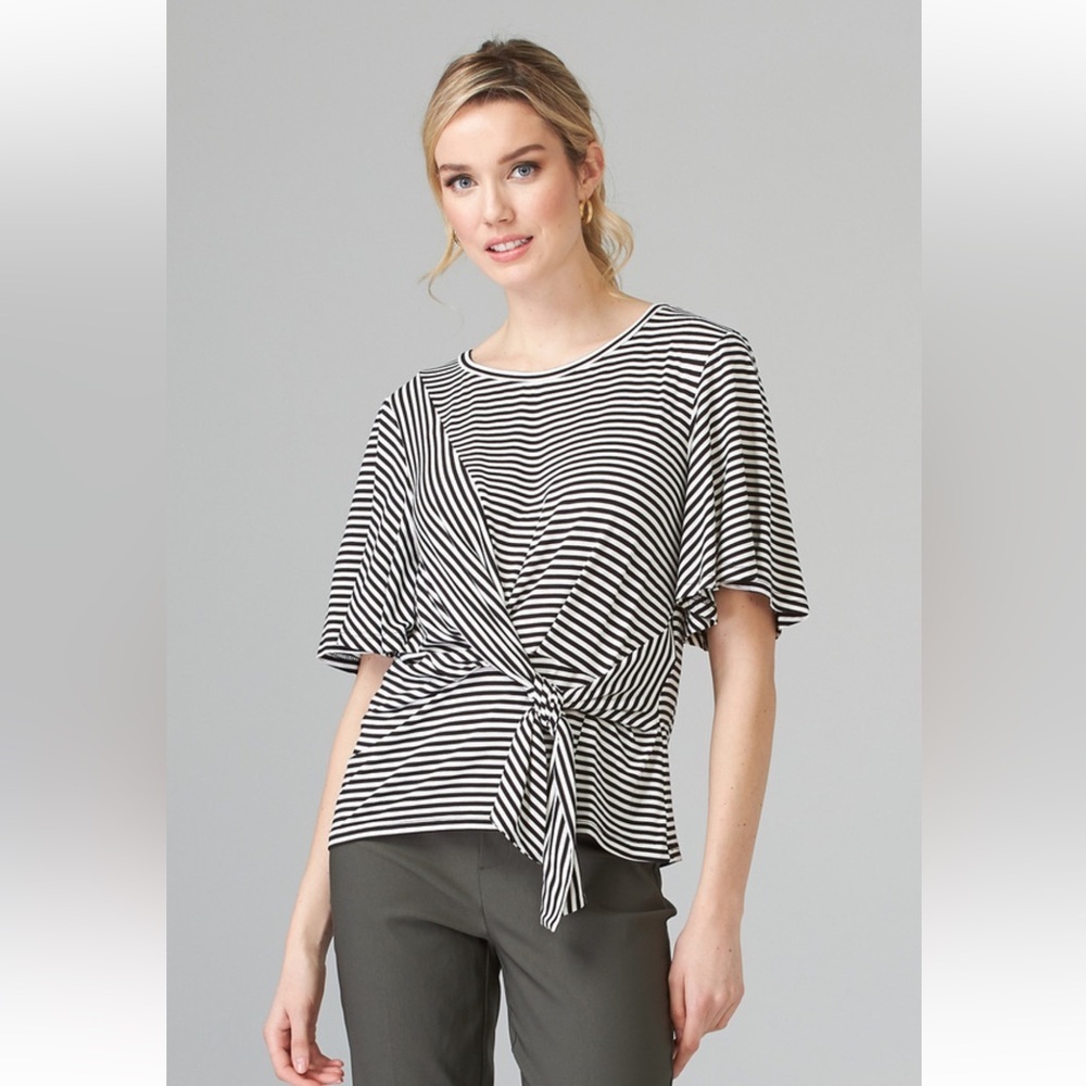 Joseph Ribkoff Black And White Striped Asymmetric Tunic Bell Sleeves Size 16